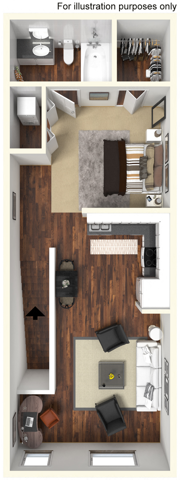Floor plan for studio, 1 bath, 608 sqft